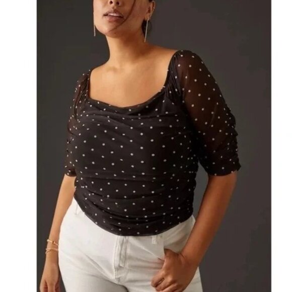 Anthropologie Tops - by Anthropologie Shirred Mesh Polka Dot Black XL NWT